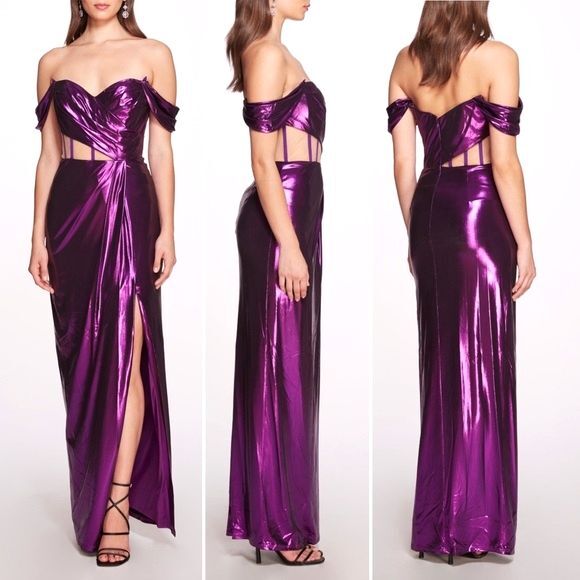 NWT Marchesa Off Shoulder Amethyst Lamé Gown Maxi With Draped Bodice Size 16 NEW - Picture 16 of 16